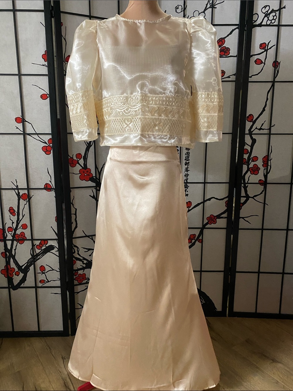 Filipiniana Mestiza Blouse with Apricot Colored Maxi Skirt Set